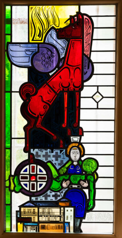 The Historical Samaritan stained glass panel by Paul-Franz Bonnekamp