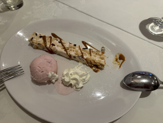 Marshmallow Delice served with strawberry ice cream